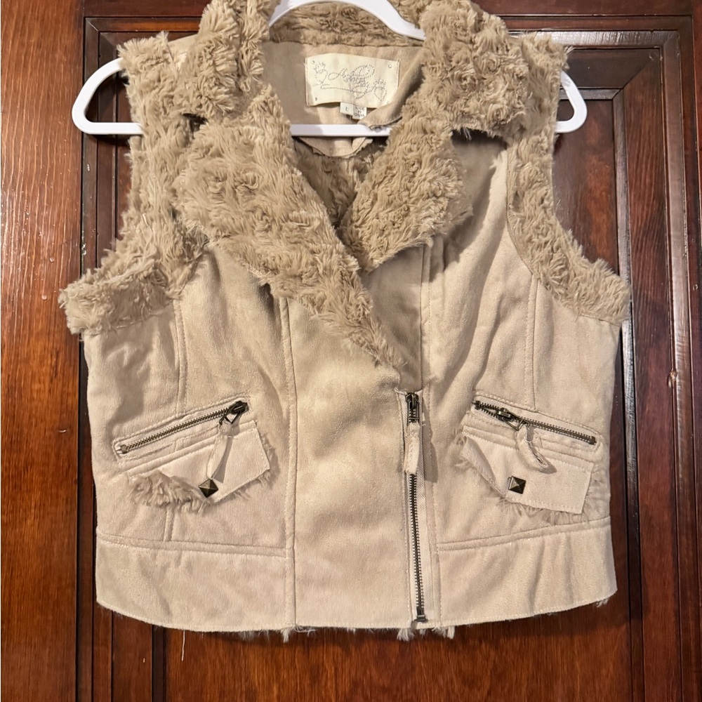 Ashley Beige Faux Fur Vest with Zipper Accents